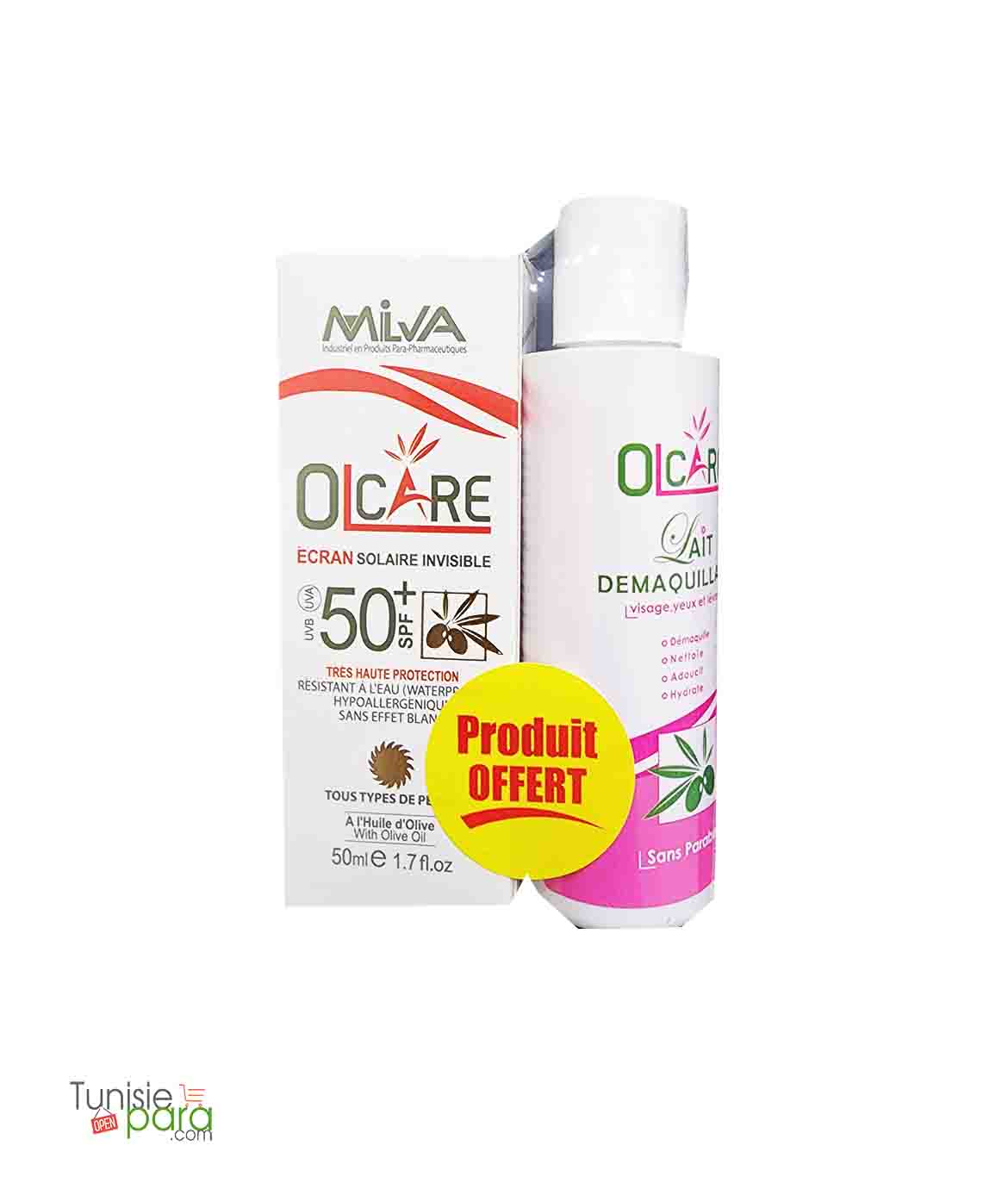 Milva Olcare Ecran Solaire Invisible SPF50+ 50ml + Lait démaquillante 100 ml offert