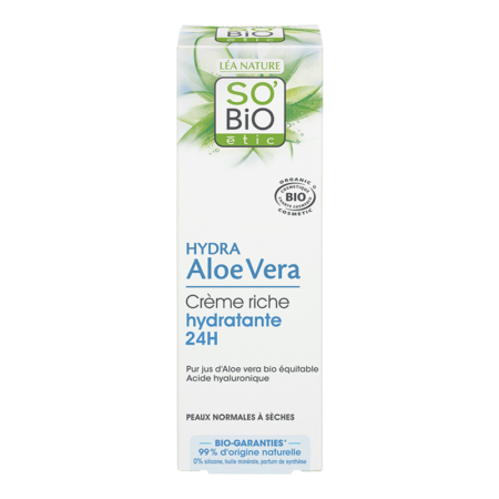 SO'BIO hydra aloe vera creme riche hydratante 24H 50 ml